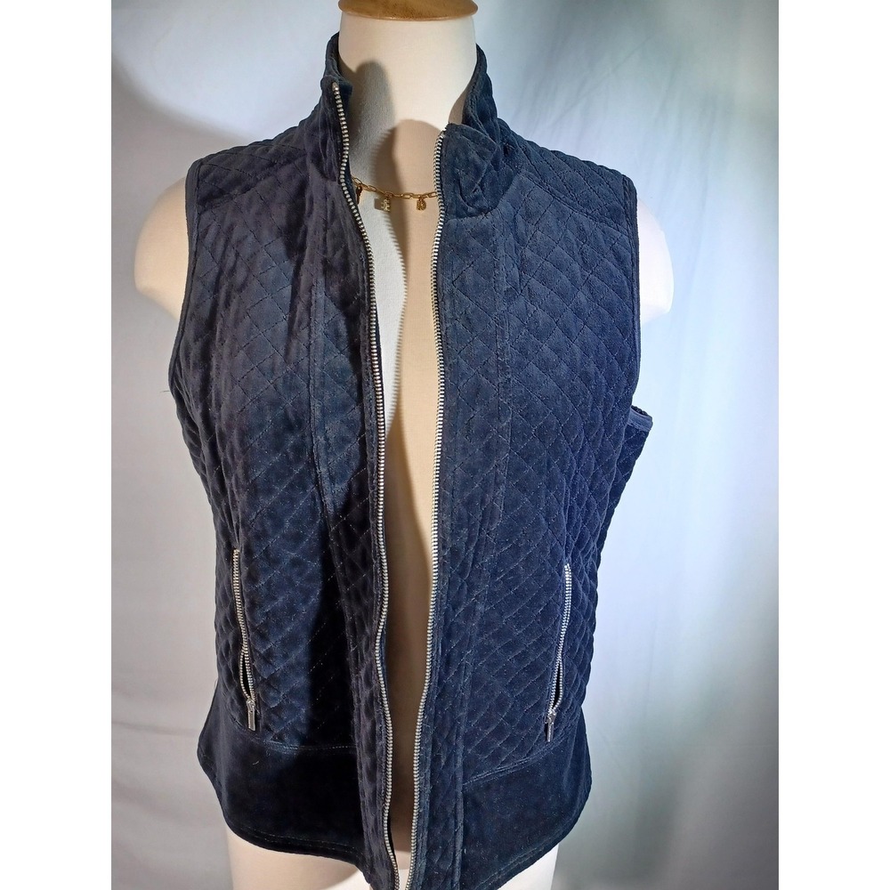 Liz Claiborne Vest Womens Petite Medium PM Blue Quilted Velour Full Zip Pockets